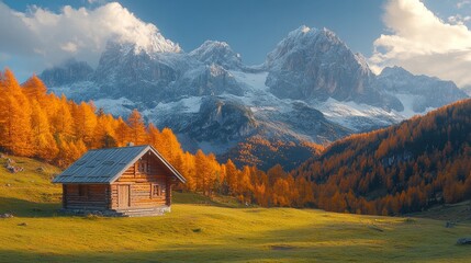 A wooden cabin at dawn on a lovely green meadow. Two mountain groups in the distance, surrounded by snowy mountains and orange woodlands