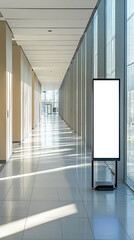 Aufkleber - Empty hallway with modern architecture and a blank vertical sign for advertising or display, representing an empty space for content placement, with clean lines and bright light.