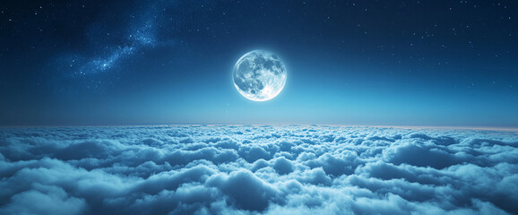 Poster - A bright full moon shining in the night sky above a sea of clouds, with stars scattered across the sky, representing a serene, celestial, and dreamlike atmosphere.
