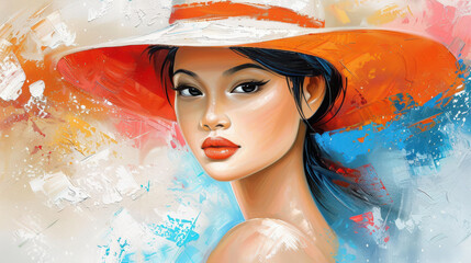 Wall Mural - A lovely girl dons a stylish hat in this stunning oil painting. Rich textures and brush strokes capture her beauty.