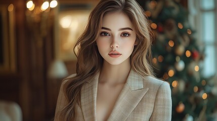 In a brown wooden house, a lovely young woman with long hair stands in front of a Christmas tree wearing a beige suit.