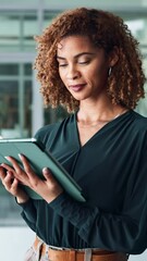 Poster - Tablet, business and woman with choice, thinking or copywriting with proposal. Person, writer or journalist in office, tech or digital app with problem solving, productivity or solution with decision