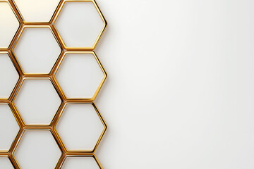 Wall Mural - Honeycomb pattern created with golden hexagonal shapes on a white background, space for text