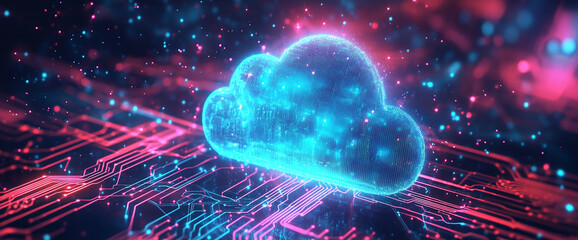 Aufkleber - A digital cloud symbol floating above a futuristic circuit board, representing the concept of cloud computing, technology, and data transmission in a vibrant, glowing neon style.