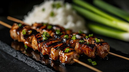 Wall Mural - A close-up of grilled yakitori skewers topped with chopped green onions, served with a side of rice, symbolizing delicious Japanese cuisine and traditional grilled dishes.