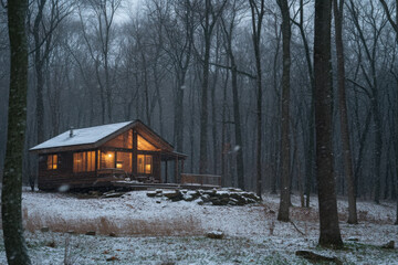 Wall Mural - Cozy wooden cabin with warm lights amidst a snowy forest, creating a serene winter atmosphere.