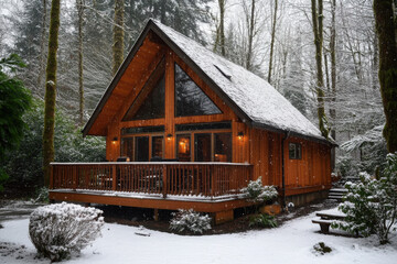 Wall Mural - Cozy wooden cabin nestled in a snowy forest, showcasing a tranquil winter landscape with a warm and inviting ambiance, perfect for a peaceful getaway.