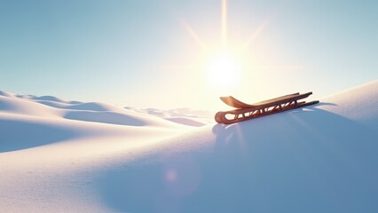 Sunny snowbank, A sled rests on a sunlit snowbank left-side view with soft morning light casting shadows serene atmosphere in 8K UHD