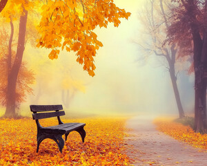 Poster - Autumn foggy park with a wooden bench, golden fall leaves scattered on the path and trees with vibrant yellow foliage, evoking a calm, peaceful, and reflective atmosphere.