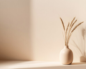 Poster - A minimalistic still life of dried wheat stems in a beige vase with soft sunlight casting shadows on the wall, symbolizing elegance, simplicity, and natural home decor.