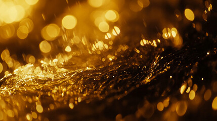 Poster - A close-up view of golden shimmering liquid, with sparkling bokeh effects. This image symbolizes luxury, elegance, and celebration, with soft glistening reflections and radiant golden tones.