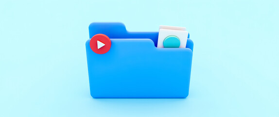 Poster - 3d blue folder with play button and multimedia symbol