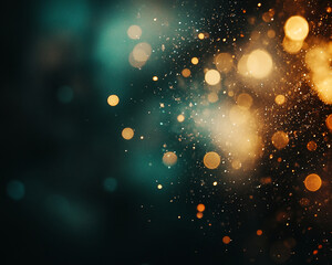 Poster - Abstract golden and teal bokeh lights with a sparkling glow effect, showcasing a dreamy and festive atmosphere with floating particles in the background.