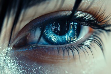 A stock photo of a beautiful woman's eye with code lines around it