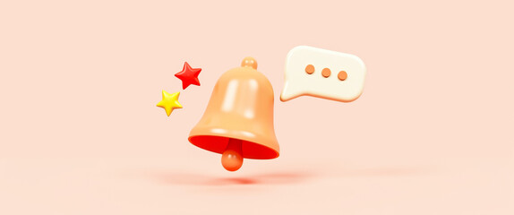 Poster - 3d render of a pastel bell with notification stars and speech bubble