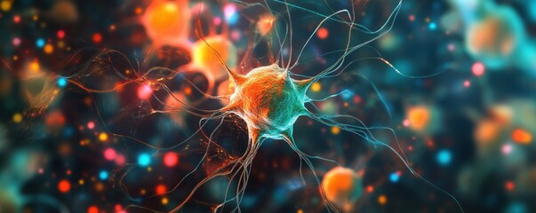Poster - Colorful neuron network with glowing connections and vibrant synapses in abstract background