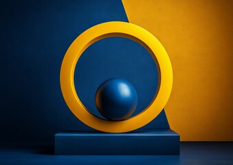 Poster - on a geometric platform, a large yellow ring stands, surrounded by smaller spheres in varying shades