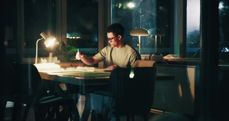 Aufkleber - Drawing, artist and man in studio at night for freelance project with client deadline. Illustration, creative and male graphic designer working on agency portfolio for startup business in office.