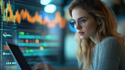 Poster - Young woman analyzes data on laptop in modern workspace with dynamic charts at night