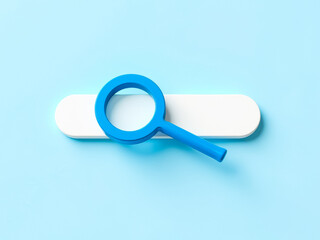 Poster - 3d render of blue magnifying glass on white search bar