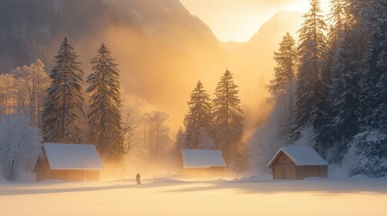 Poster - Golden Sunrise over Frozen Lake with Snowy Cabins