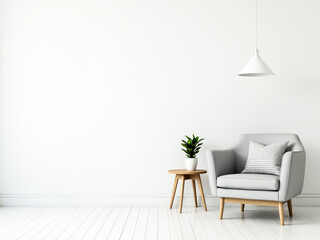 Wall Mural - gray armchair with patterned pillow and potted plant in a minimalist setting