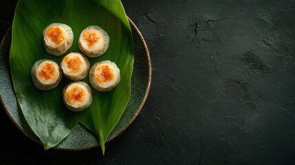 Wall Mural - Top down view of asian dim sum on a green leaf plate on a black texture background with space for text.