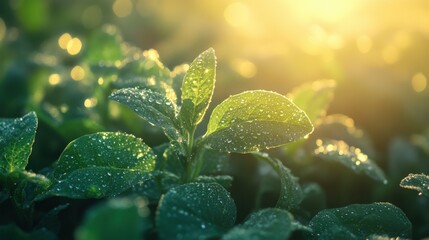 Wall Mural - Morning sunlight sparkles on dew-covered green leaves in a lush garden during the early hours of the day