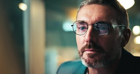 Fototapete - Mature man, night and computer for thinking in office, senior software developer and ideas for html. Glasses, reflection and brainstorming solution for cpu update, programming code and online system