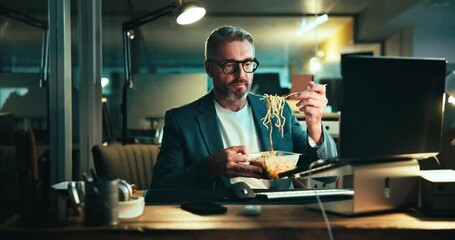 Poster - Dinner, mature man and laptop with deadline for coding, programing and software engineer system update. Night, office and hungry person for project management overtime, feedback and development