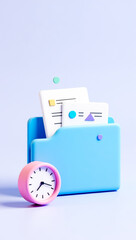 Poster - pastel-colored 3d rendering of a folder with documents and an alarm clock