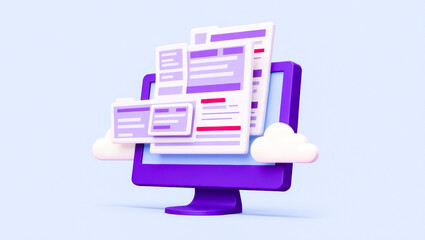 Aufkleber - purple computer monitor with floating documents and folders illustrating cloud storage