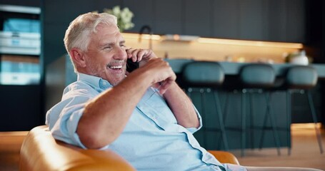 Aufkleber - Phone call, laugh and mature businessman in kitchen for finance deal, negotiation or merger. Cellphone, communication and happy real estate investment manager on mobile discussion for client property