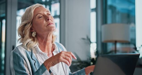 Poster - Mature woman, headache and laptop in office with eye fatigue, stress and glasses at startup company. Person, computer and pain with tired vision, exhausted and burnout with deadline for project