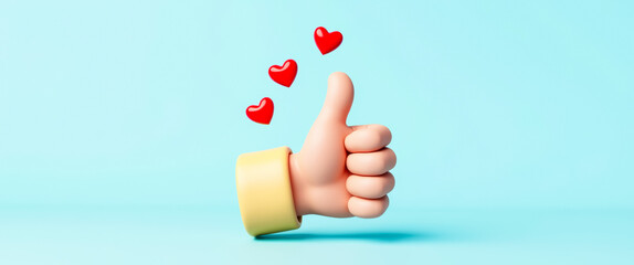 Poster - 3d cartoon hand giving thumbs up with red hearts