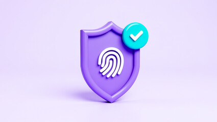 Poster - 3d render of purple shield with fingerprint and checkmark symbolizing digital security