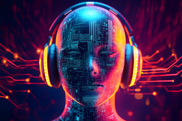 AI Listening to Digital Music Waves Neon Circuitry Headphone Robot