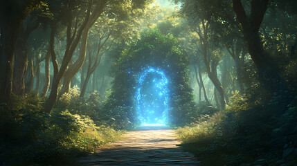 Enchanting forest pathway leading to a glowing blue portal surrounded by nature. Celestial Forest Portal. Illustration