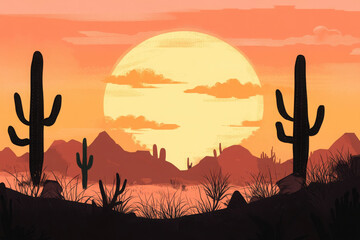 Wall Mural - A stunning desert landscape at sunset, featuring silhouetted cacti and mountains against a glowing orange sky.