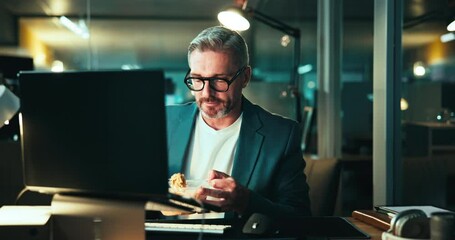 Fototapete - Dinner, mature man and computer with overtime for coding, programing and software engineer system update. Night, office and hungry person for project management deadline, feedback and development