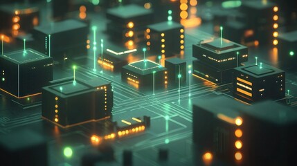 Poster - Abstract Digital Cityscape with Neon Lights and Circuit Patterns