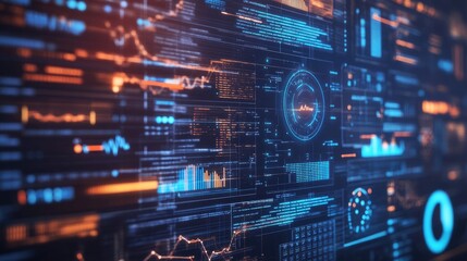 Poster - Abstract visual of project management with interconnected digital graphs, pie charts, and timelines