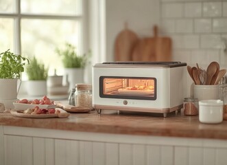 Canvas Print - White and Copper Toaster Oven on a Kitchen Counter