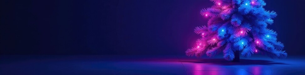 Wall Mural - Glowing blue and magenta Christmas tree on floor against dark background, abstract, dark background, decoration