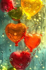Poster - Bright heart shapes float amidst swirling colors and bubbles illustrating the essence of love. This abstract digital painting captivates with its joyful and playful representation of affection.