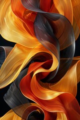 Fototapete - Curved ribbons in orange black and yellow swirl gracefully creating an intricate pattern. The movement and color blend form an eye-catching visual element perfect for modern design.