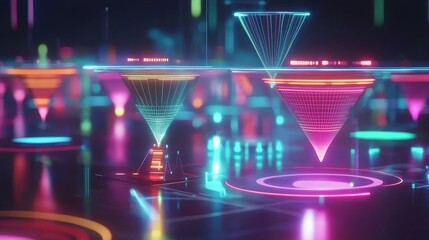 Poster - Digital marketing trends concept with abstract floating data points, marketing funnel graphics, and AI automation tools