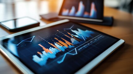 Poster - Economic forecast visualization with bar graphs, GDP growth charts, and a tablet showing macroeconomic trends