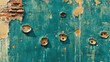 © Boonnam Burart - A textured teal wall with scattered random holes, exposing an aged brick surface underneath