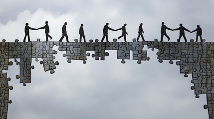 Poster - Metaphorical teamwork concept with a bridge built from multiple puzzle pieces, connecting two points